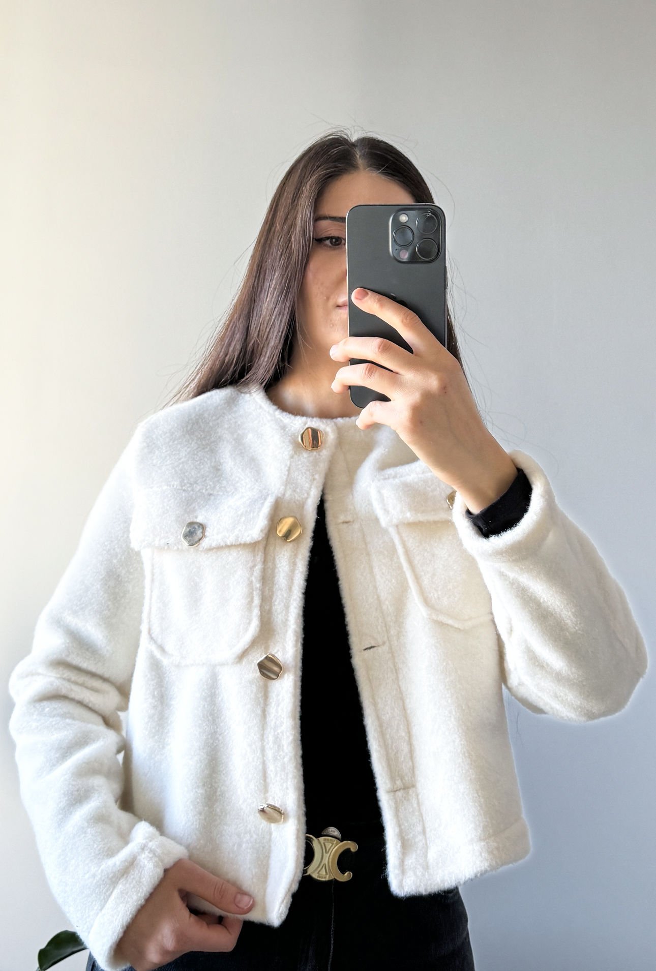 Krem Gold Düğmeli Kaşe Ceket