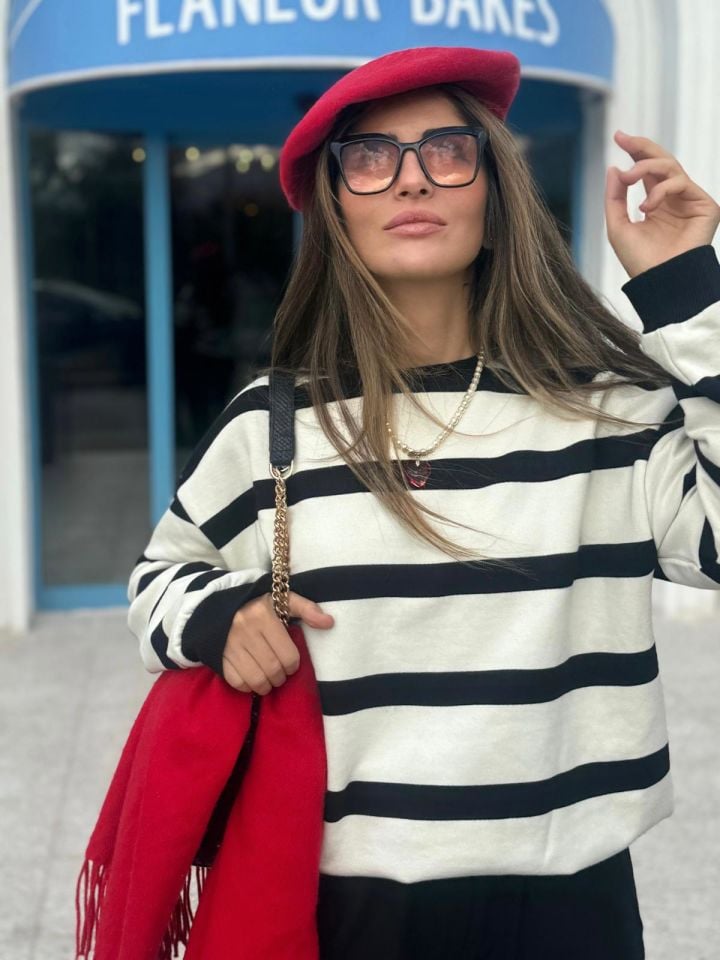 Bisiklet Yaka Kalın Çizgili Sweet Buluz