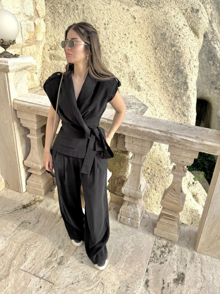 Siyah Premium Kruvaze Yelek Takım