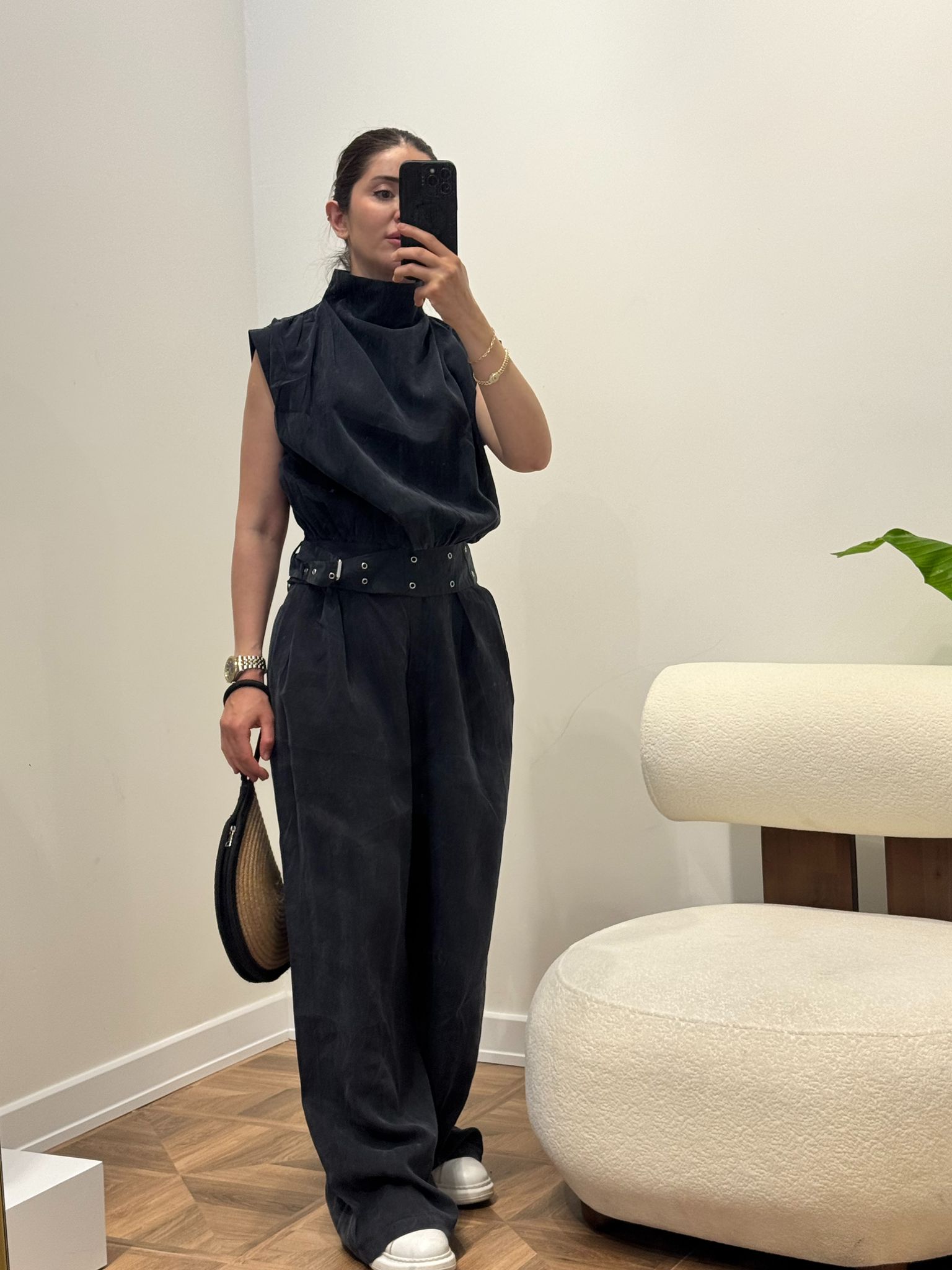 Lacivert Kemer Detaylı Bluz Pantolon Takım
