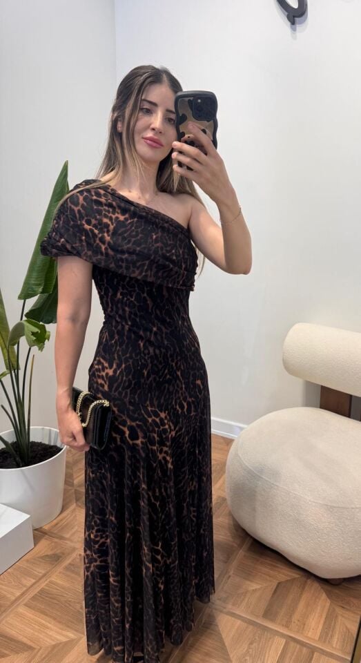 Leopar Tek Omuz Elbise