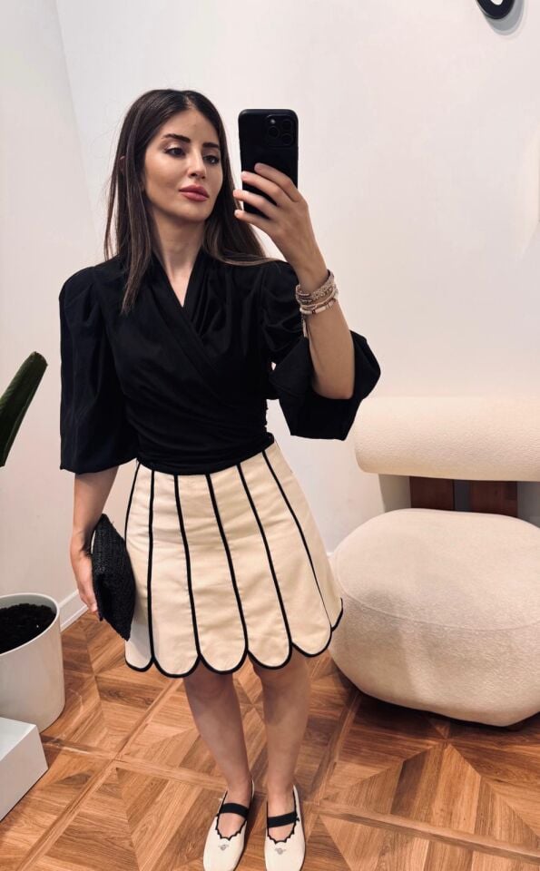 Siyah Çizgili Keten Mini Etek