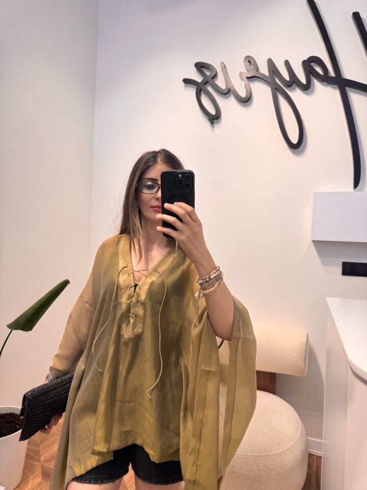 Yeşil Önü Bağlamalı  Bluz