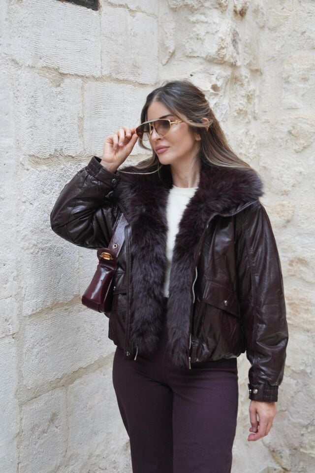 Bordo Yakası Kürklü Mont